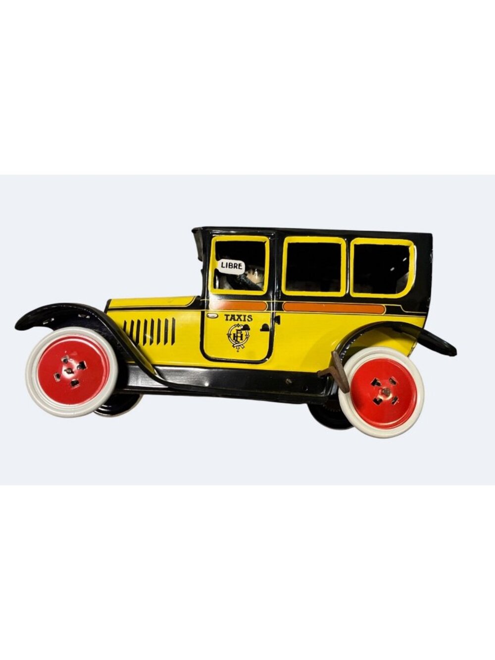 Vintage Tin Taxi Wind-Up Car Yellow Black Design